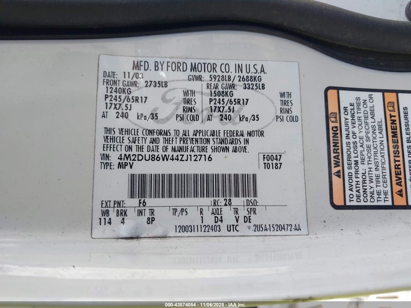 2004 Mercury Mountaineer VIN: 4M2DU86W44ZJ12716 Lot: 43574054