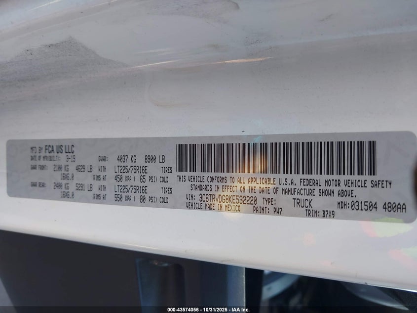 2019 Ram Promaster 2500 High Roof 159 Wb VIN: 3C6TRVDG8KE532220 Lot: 43574056