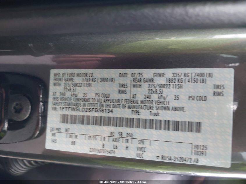 2025 Ford F-150 Lariat VIN: 1FTFW5LD2SFB58134 Lot: 43574096