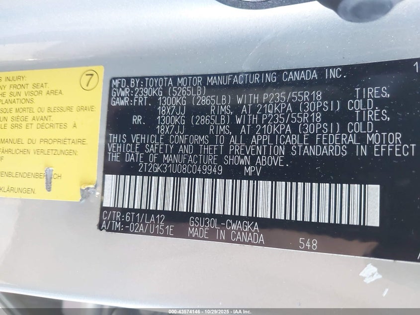 2008 Lexus Rx 350 VIN: 2T2GK31U08C049949 Lot: 43574146