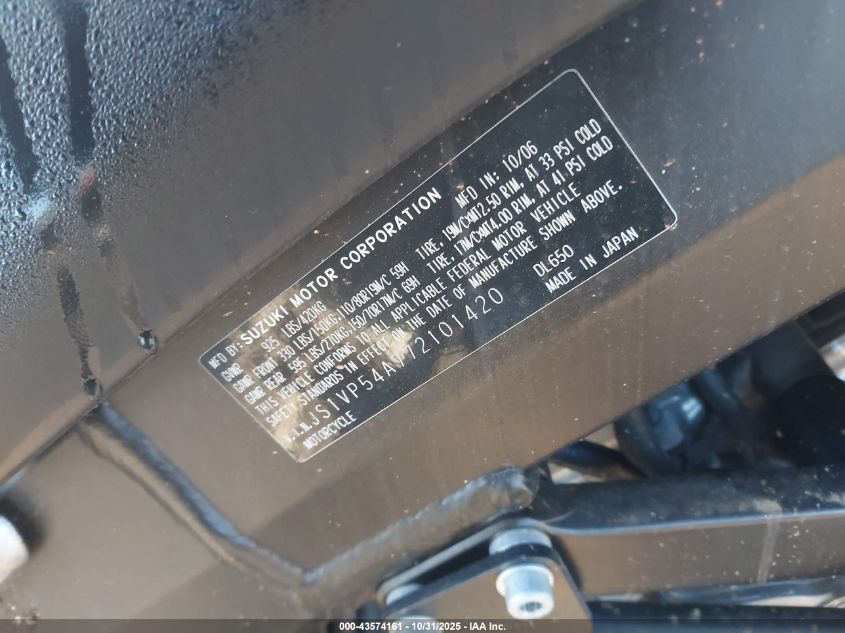 2007 Suzuki Dl650 VIN: JS1VP54A772101420 Lot: 43574161