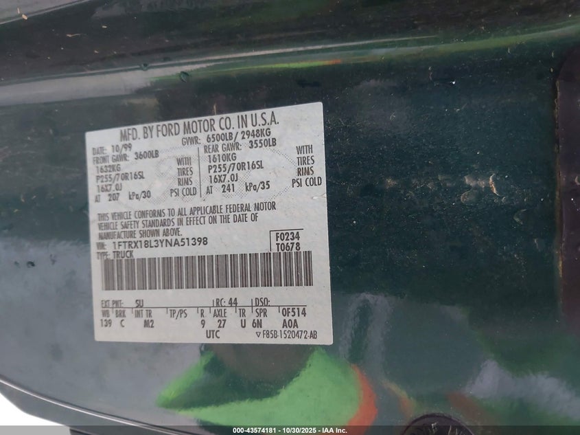 2000 Ford F-150 Lariat/Work Series/Xl/Xlt VIN: 1FTRX18L3YNA51398 Lot: 43574181