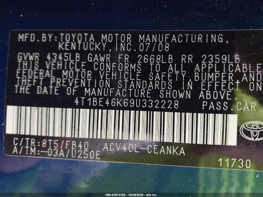 2009 Toyota Camry Le VIN: 4T1BE46K69U332228 Lot: 43574188
