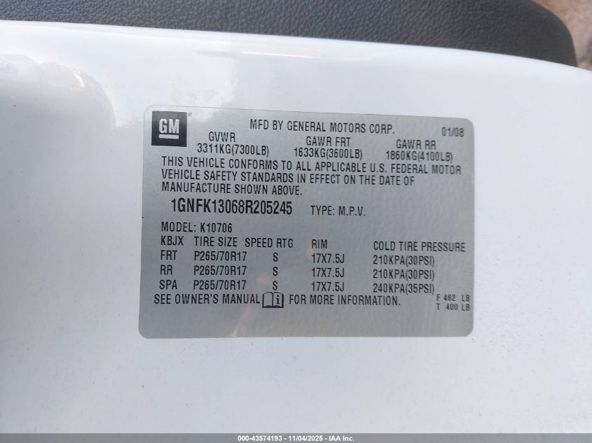 2008 Chevrolet Tahoe Lt VIN: 1GNFK13068R205245 Lot: 43574193