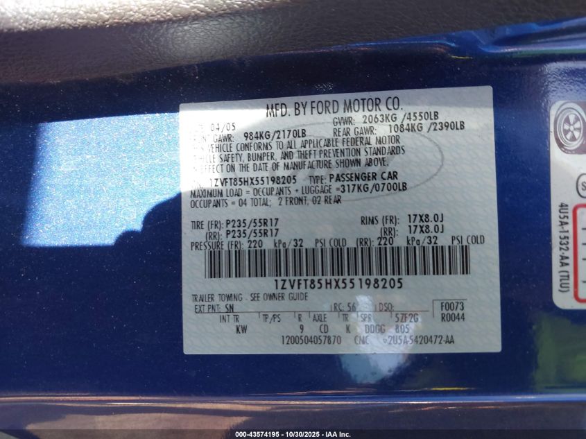 2005 Ford Mustang Gt VIN: 1ZVFT85HX55198205 Lot: 43574195