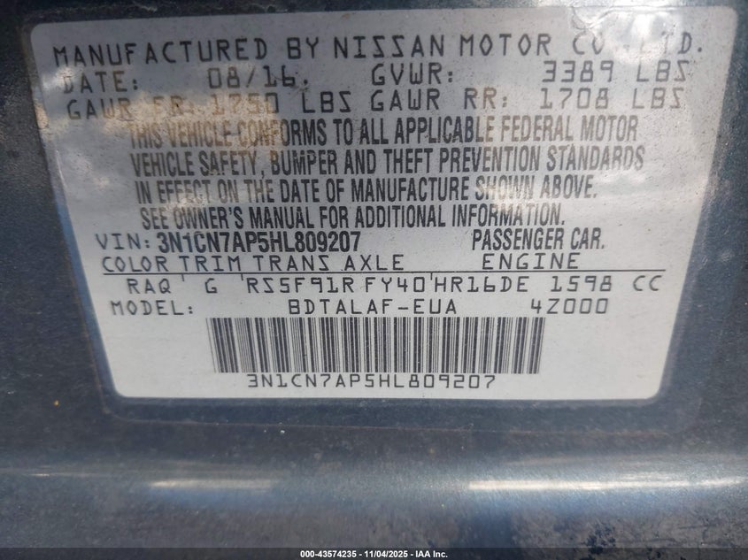 2017 NISSAN VERSA 1.6 S - 3N1CN7AP5HL809207