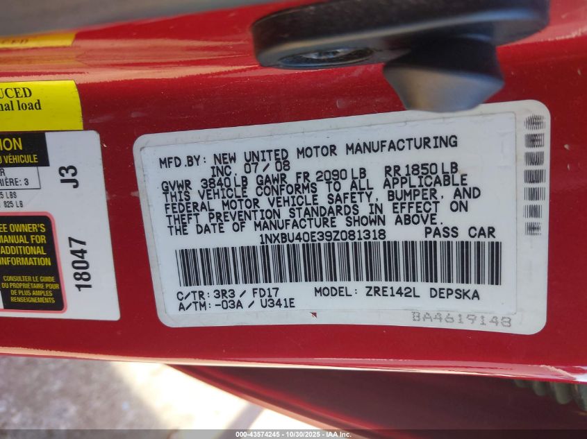 2009 Toyota Corolla S VIN: 1NXBU40E39Z081318 Lot: 43574245