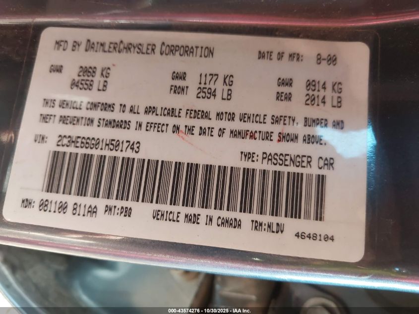 2001 Chrysler 300M VIN: 2C3HE66G01H501743 Lot: 43574276