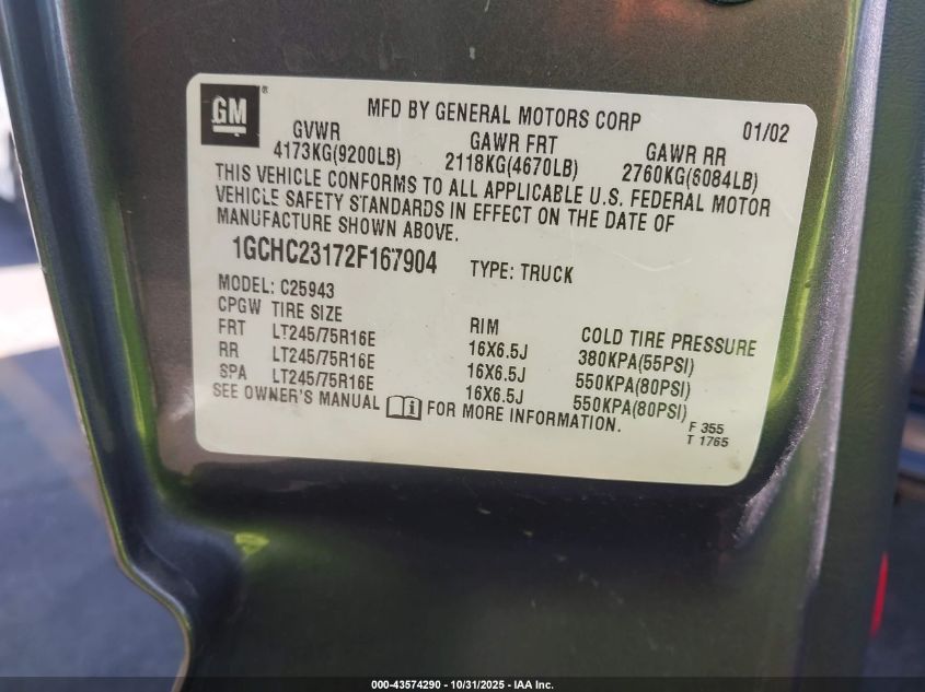 2002 Chevrolet Silverado 2500Hd Ls VIN: 1GCHC23172F167904 Lot: 43574290