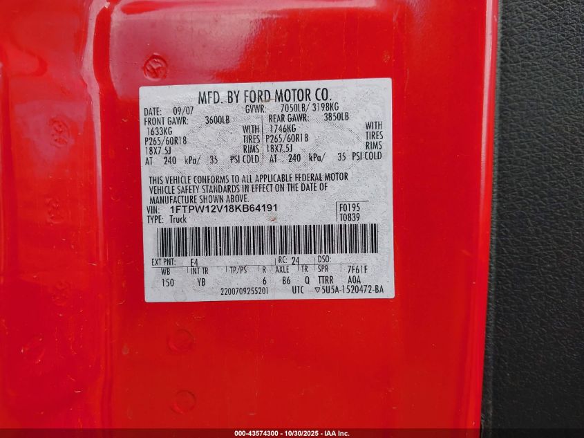 2008 Ford F-150 60Th Anniversary/Fx2/King Ranch/Lariat/Xlt VIN: 1FTPW12V18KB64191 Lot: 43574300