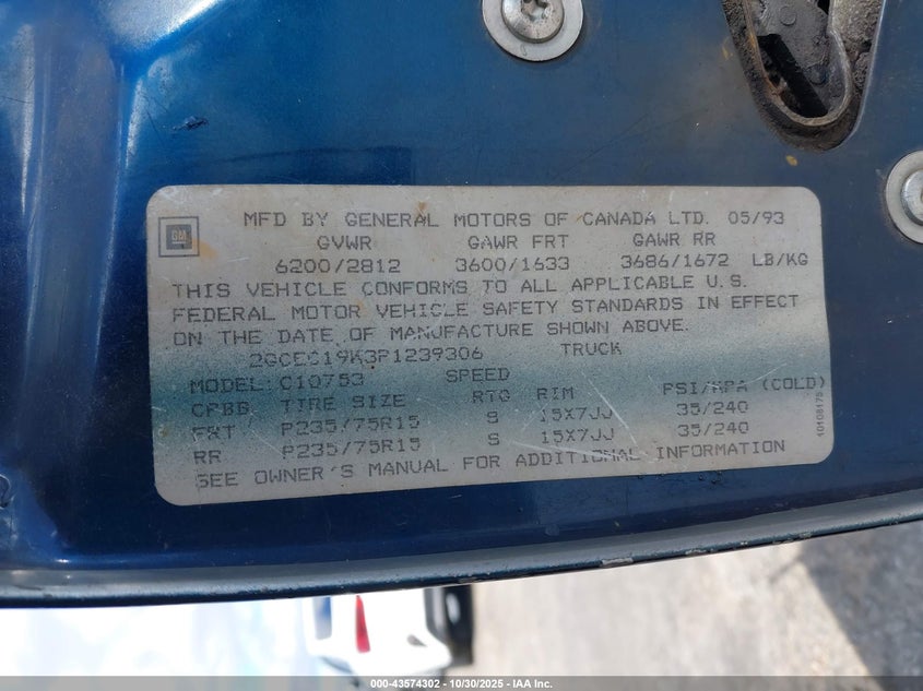 1993 Chevrolet Gmt-400 C1500 VIN: 2GCEC19K3P1239306 Lot: 43574302