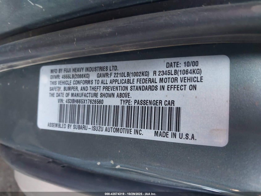 2001 Subaru Outback VIN: 4S3BH665X17626560 Lot: 43574319