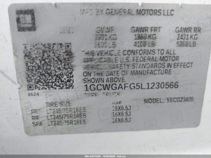 2020 Chevrolet Express Cargo Rwd 2500 Regular Wheelbase Wt VIN: 1GCWGAFG5L1230566 Lot: 43574329