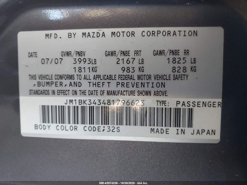 2008 Mazda Mazda3 S Grand Touring VIN: JM1BK343481796623 Lot: 43574336