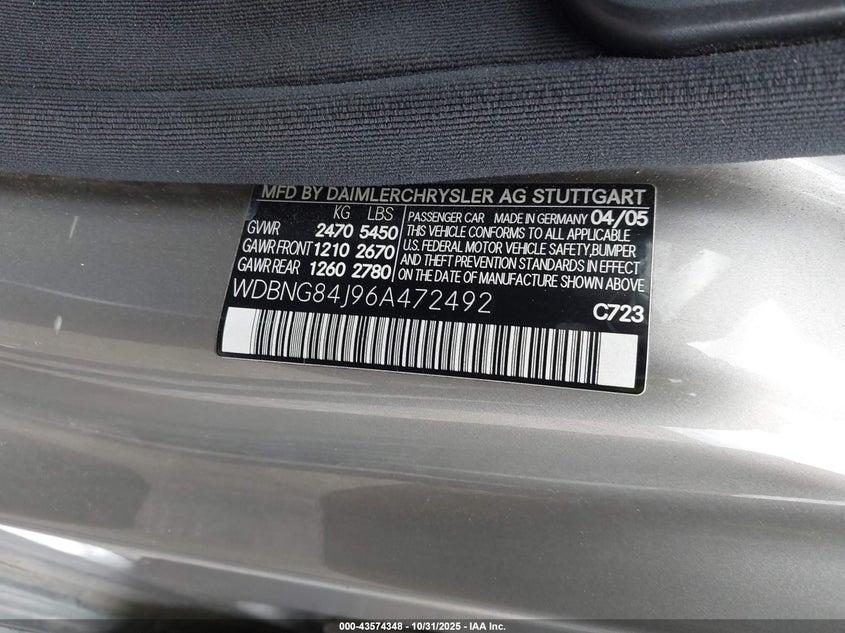 2006 Mercedes-Benz S 500 4Matic VIN: WDBNG84J96A472492 Lot: 43574348