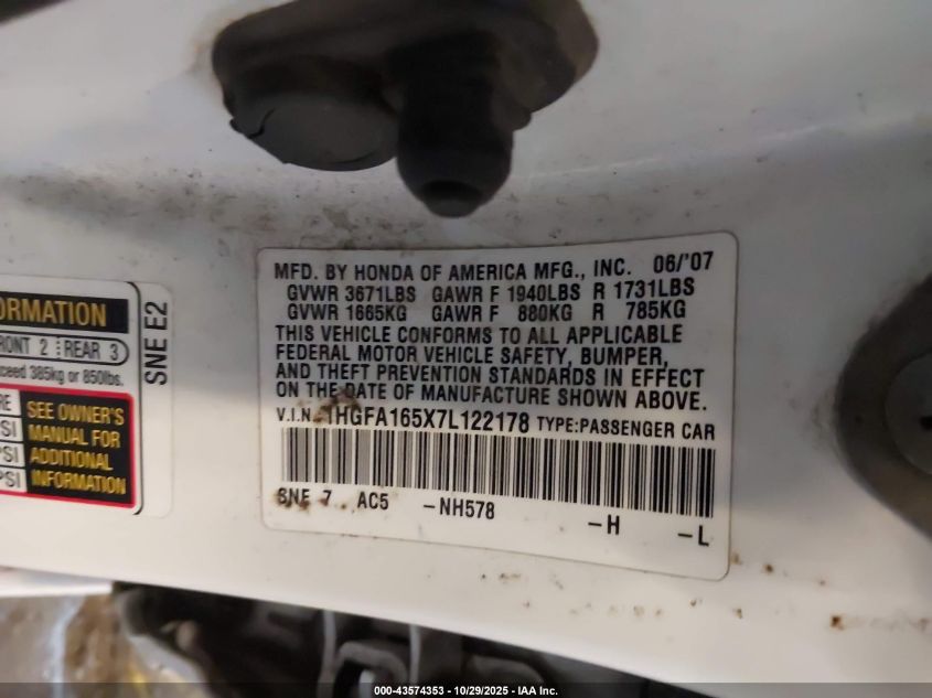2007 Honda Civic Lx VIN: 1HGFA165X7L122178 Lot: 43574353