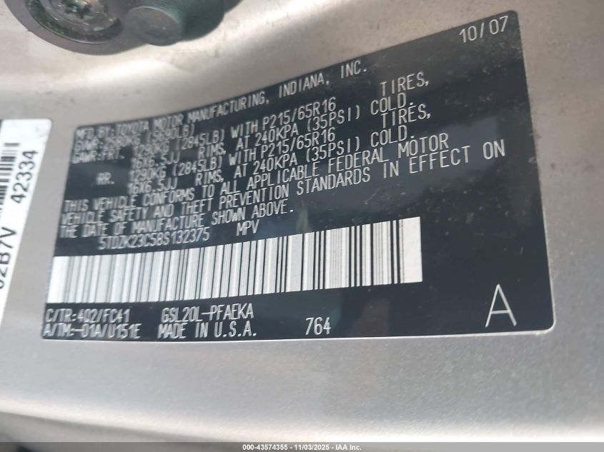 2008 Toyota Sienna Le VIN: 5TDZK23C58S132375 Lot: 43574355