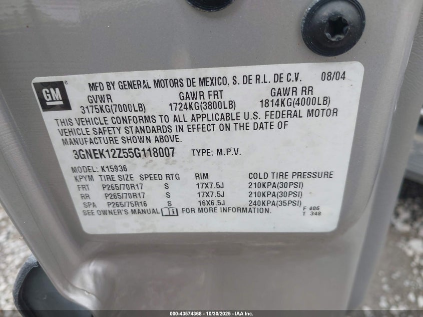 2005 Chevrolet Avalanche 1500 Z71 VIN: 3GNEK12Z55G118007 Lot: 43574368