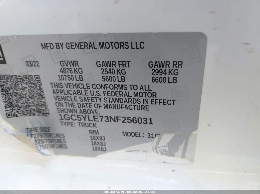 2022 Chevrolet Silverado 2500Hd 4Wd Long Bed Wt VIN: 1GC5YLE73NF256031 Lot: 43574379