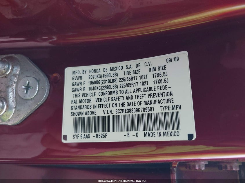 2009 Honda Cr-V Lx VIN: 3CZRE38309G709507 Lot: 43574381