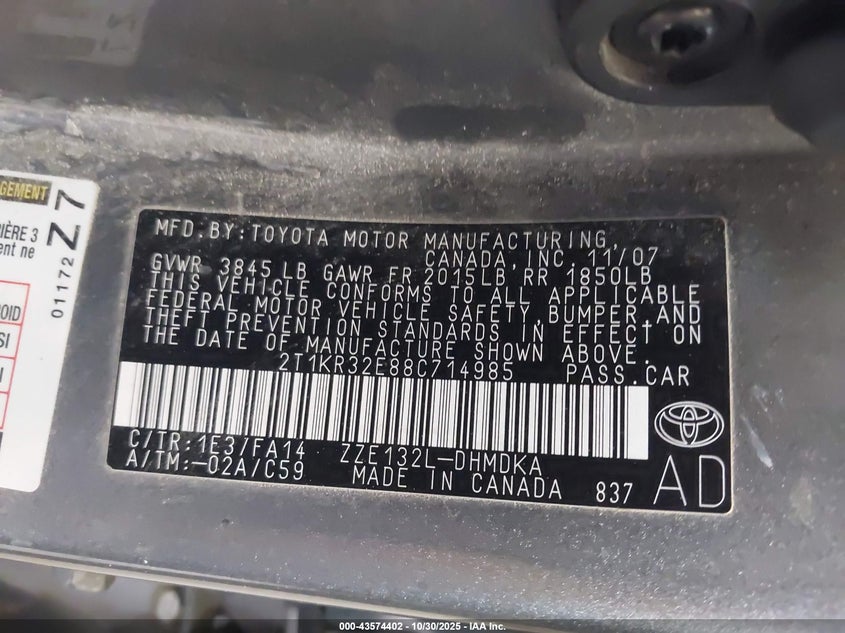 2008 Toyota Matrix VIN: 2T1KR32E88C714985 Lot: 43574402