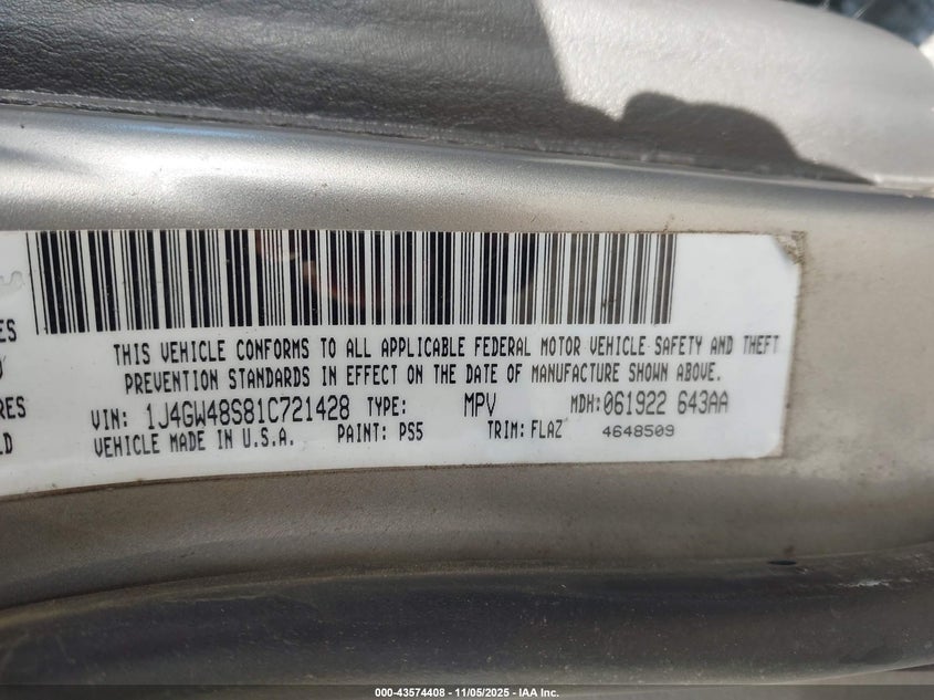 2001 Jeep Grand Cherokee Laredo VIN: 1J4GW48S81C721428 Lot: 43574408