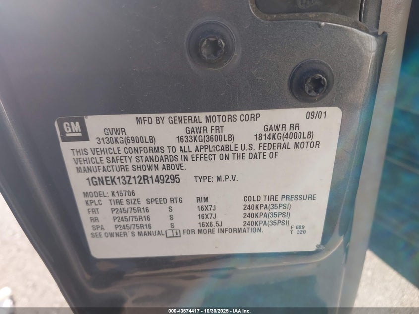 2002 Chevrolet Tahoe K1500 VIN: 1GNEK13Z12R149295 Lot: 43574417