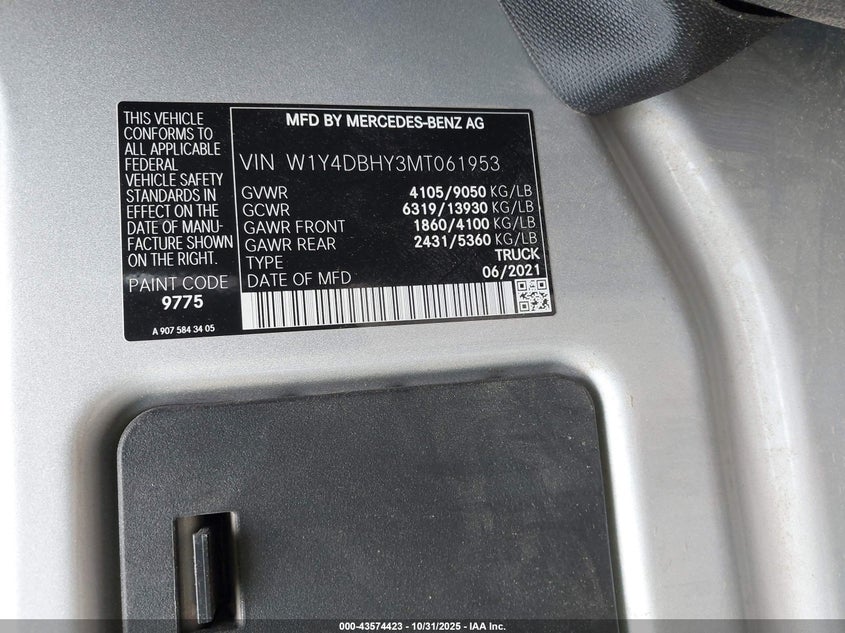 2021 Mercedes-Benz Sprinter 2500 Standard Roof I4 Diesel VIN: W1Y4DBHY3MT061953 Lot: 43574423