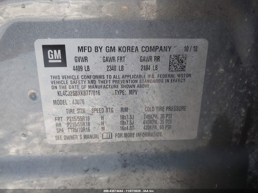 2019 Buick Encore Awd Sport Touring VIN: KL4CJ2SBXKB777016 Lot: 43574444