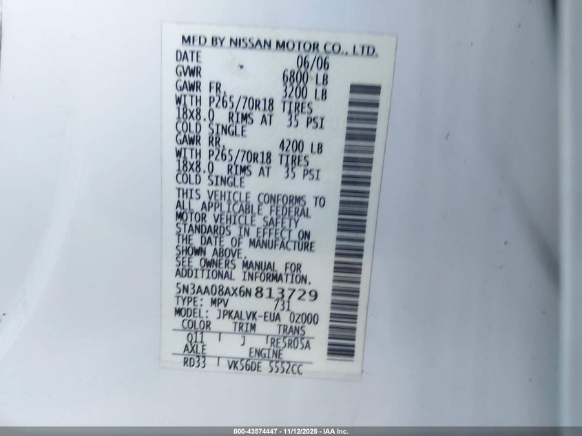 2006 Infiniti Qx56 VIN: 5N3AA08AX6N813729 Lot: 43574447