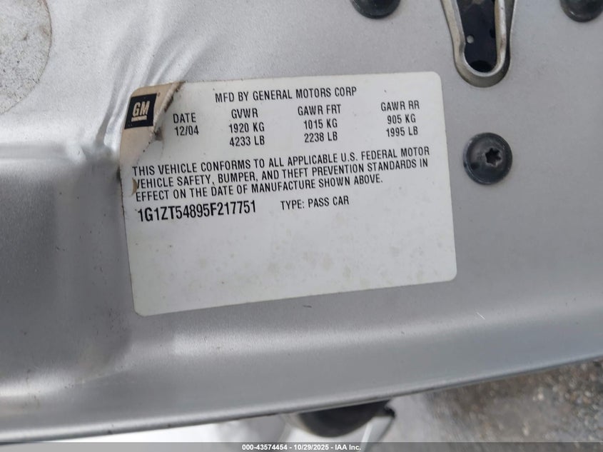 2005 Chevrolet Malibu Ls VIN: 1G1ZT54895F217751 Lot: 43574454