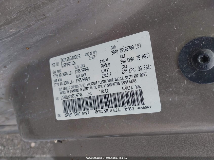 2007 Dodge Ram 1500 Slt/Trx4 Off Road/Sport VIN: 1D7HU18207S180748 Lot: 43574459