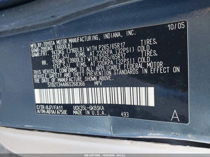 2006 Toyota Sequoia Sr5 V8 VIN: 5TDZT34A86S268366 Lot: 43574485