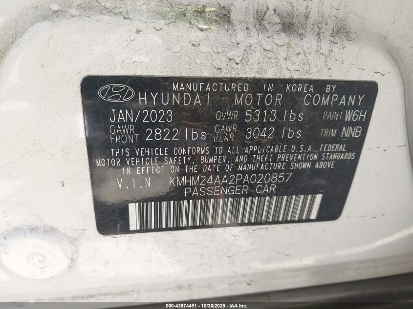 2023 Hyundai Ioniq 6 Se VIN: KMHM24AA2PA020857 Lot: 43574491