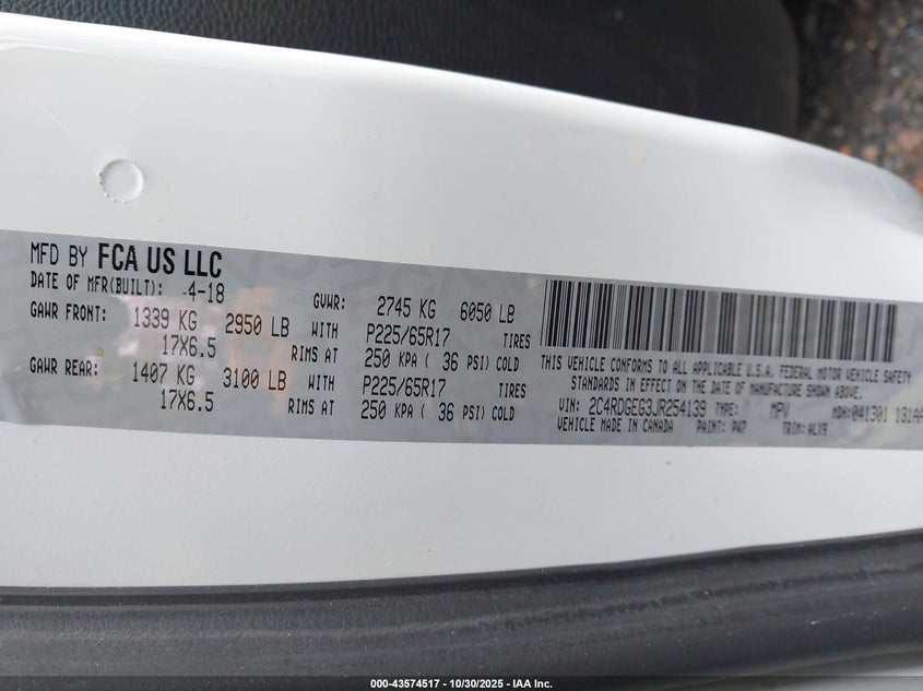 2018 Dodge Grand Caravan Gt VIN: 2C4RDGEG3JR254139 Lot: 43574517