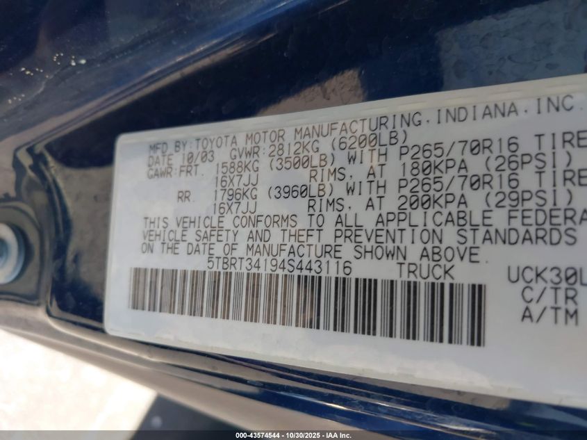 2004 Toyota Tundra Sr5 V8 VIN: 5TBRT34194S443116 Lot: 43574544