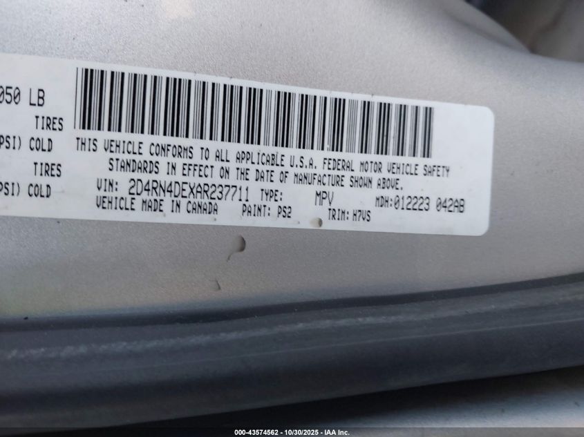 2010 Dodge Grand Caravan Se VIN: 2D4RN4DEXAR237711 Lot: 43574562