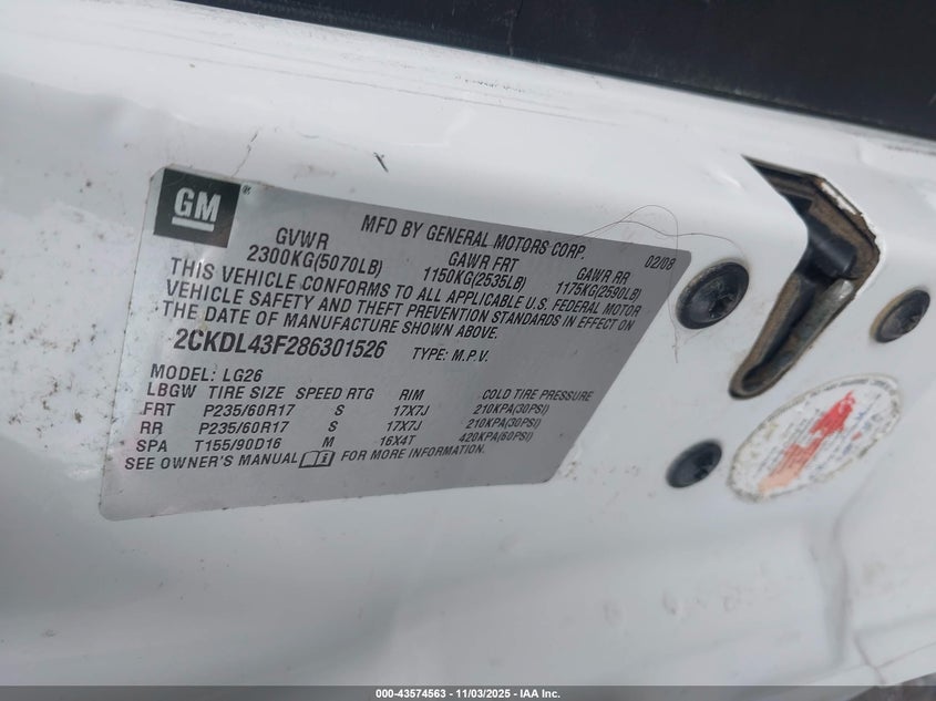 2008 Pontiac Torrent VIN: 2CKDL43F286301526 Lot: 43574563