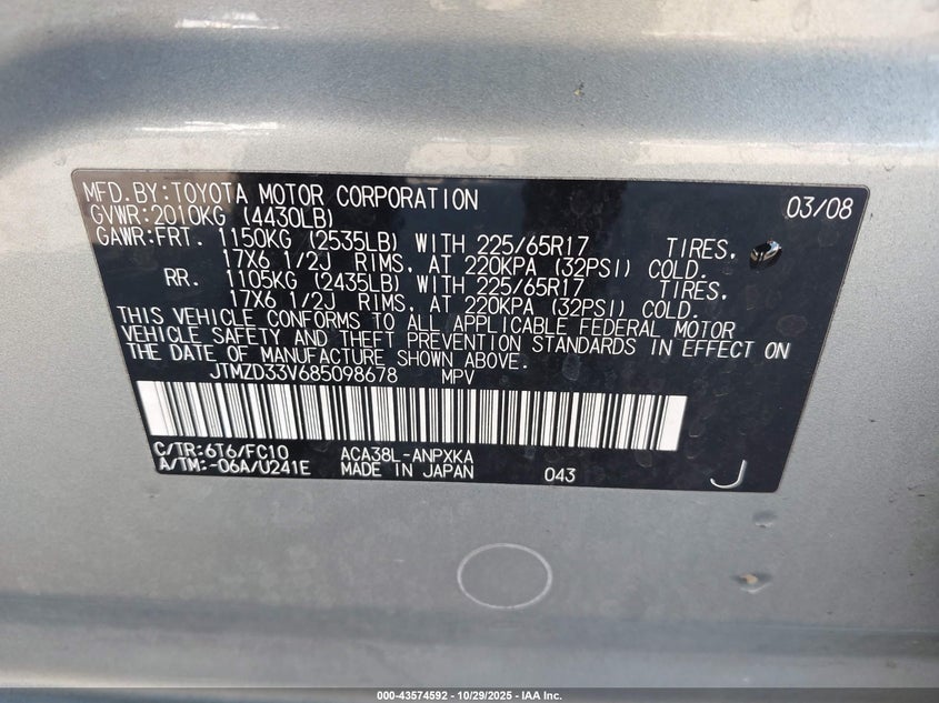 2008 Toyota Rav4 VIN: JTMZD33V685098678 Lot: 43574592