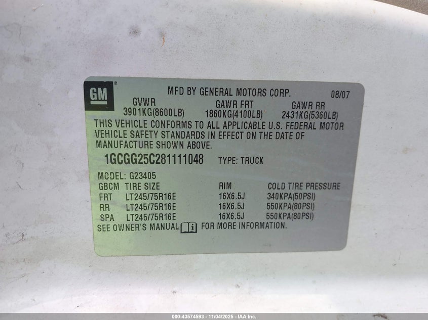 2008 Chevrolet Express Work Van VIN: 1GCGG25C281111048 Lot: 43574593