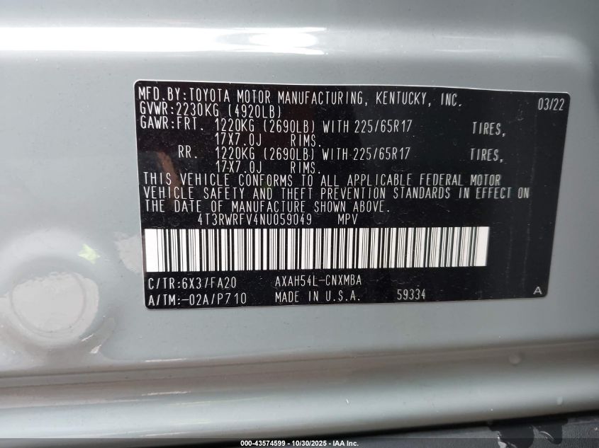 2022 Toyota Rav4 Hybrid Xle VIN: 4T3RWRFV4NU059049 Lot: 43574599