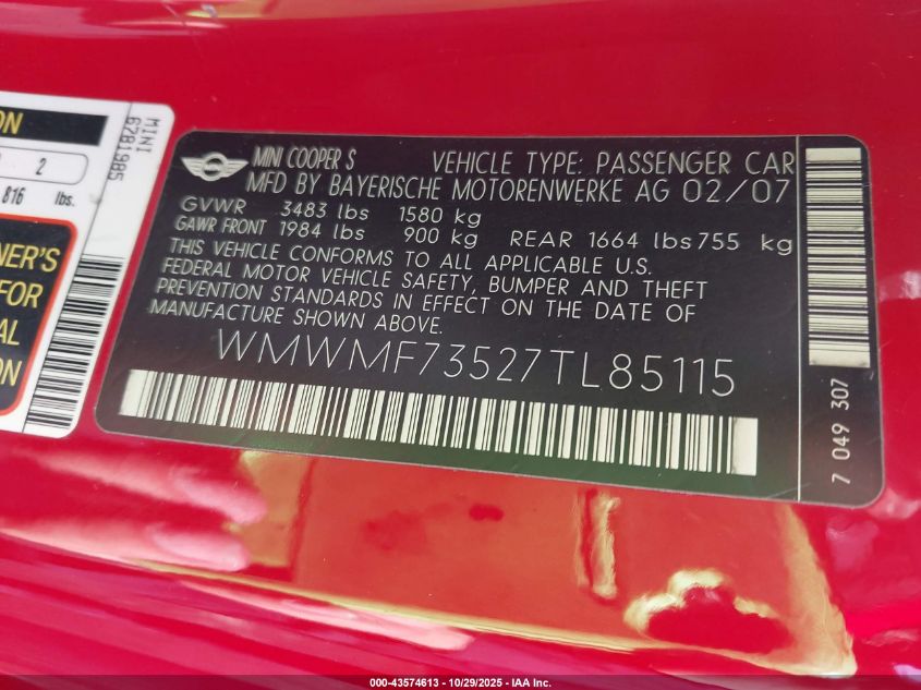 2007 Mini Cooper S VIN: WMWMF73527TL85115 Lot: 43574613