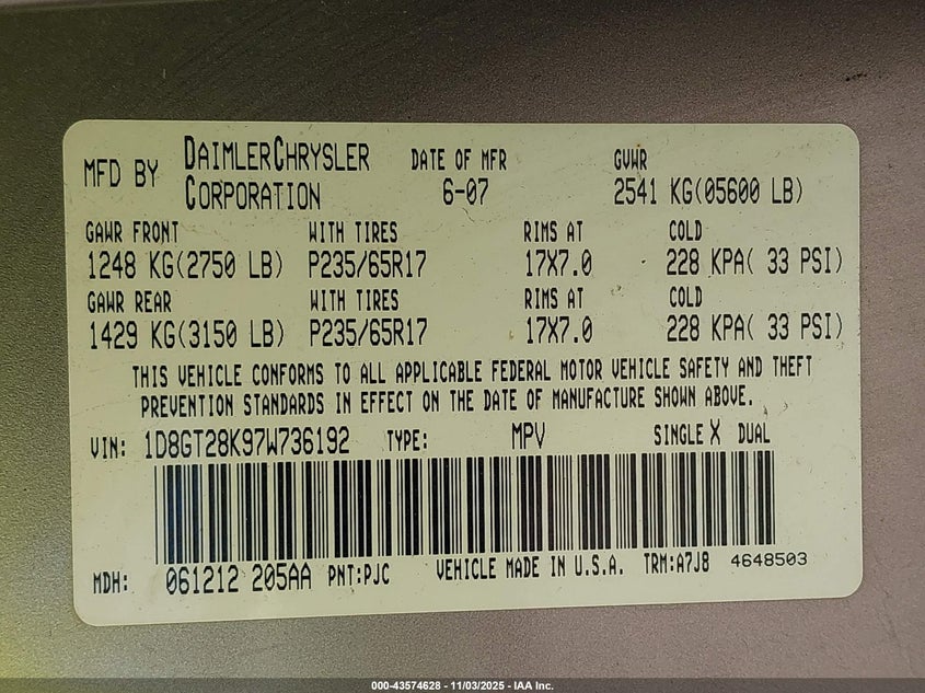 2007 Dodge Nitro Sxt VIN: 1D8GT28K97W736192 Lot: 43574628