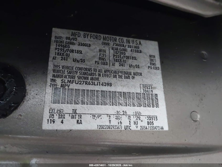 2003 Lincoln Navigator VIN: 5LMFU27R63LJ14398 Lot: 43574631