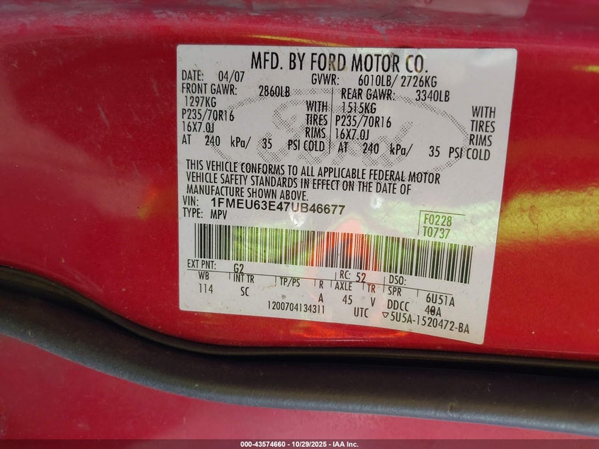 2007 Ford Explorer Xlt VIN: 1FMEU63E47UB46677 Lot: 43574660