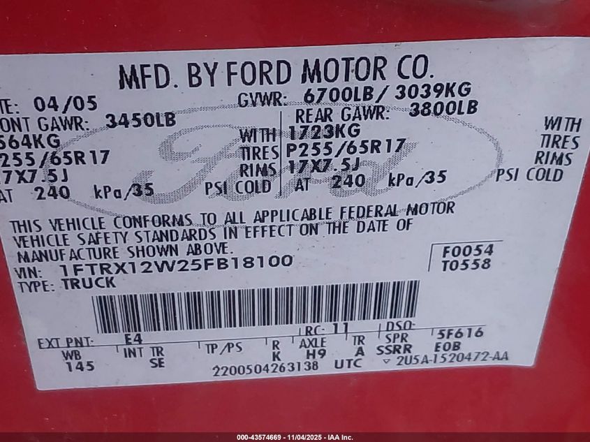 2005 Ford F-150 Stx/Xl/Xlt VIN: 1FTRX12W25FB18100 Lot: 43574669