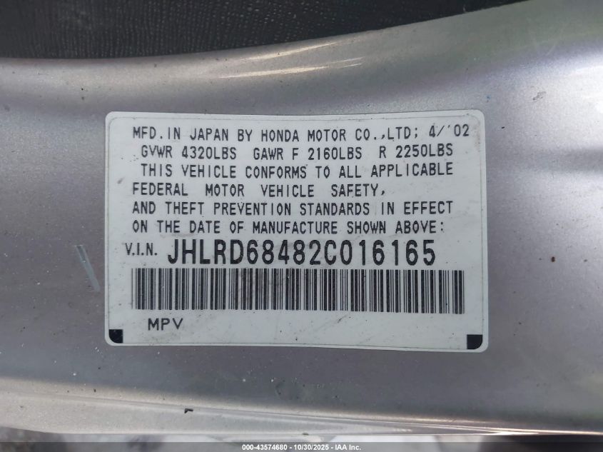 2002 Honda Cr-V Lx VIN: JHLRD68482C016165 Lot: 43574680