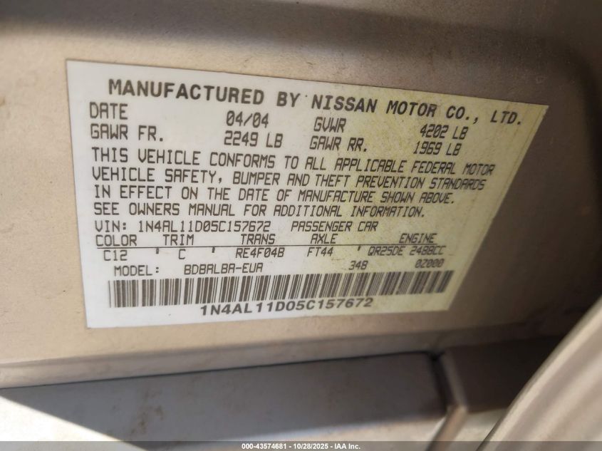 2005 Nissan Altima 2.5 S VIN: 1N4AL11D05C157672 Lot: 43574681
