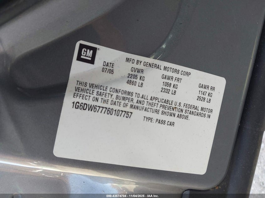 2006 Cadillac Sts V6 VIN: 1G6DW677760107757 Lot: 43574704