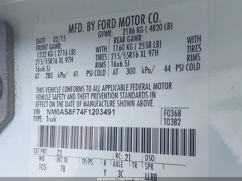 2015 Ford Transit Connect Xlt VIN: NM0AS8F74F1203491 Lot: 43574709